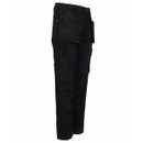 Side view of black utility work trousers with multiple cargo pockets, tool loops and reinforced leg panels.