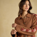 Close-up highlighting the pink and red floral sleeve design, ribbed cuff, collar and decorative buttons.