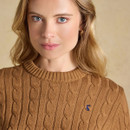 Close-up highlighting the ribbed crew neckline, cable knit texture and signature Joules hare.