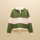 Front product view highlighting the contrast collar, button placket, colour-block panels, ribbed cuffs and drawcord hem.