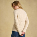 Back view highlighting the all-over cable knit, classic fit and ribbed hem and cuffs.