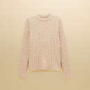 Front product view highlighting the all-over cable knit design, crew neck and ribbed hem and cuffs.