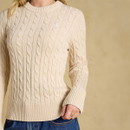 Close-up highlighting the textured cable knit, ribbed neckline and subtle embroidered Joules hare detail.