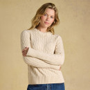 Front styling shot showcasing the classic cable knit, crew neckline and ribbed trims.
