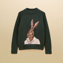 Front product view showcasing the deep green knit, ribbed trims and statement hare intarsia design.