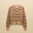 Front product view showcasing the intricate Fair Isle design, statement buttons and coordinating ribbed trims.