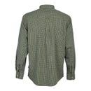 Back view of a green checkered long-sleeve shirt with button cuffs.