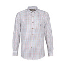A long-sleeve, button-up shirt with a blue and red check pattern and a small logo on the left chest.