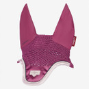 Plum LeMieux fly hood with crocheted fabric, satin ear covers, pale contrasting trim and branded badge on a white background.