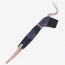 LeMieux navy and pink horse hoof pick with ergonomic grip, stiff cleaning brush and curved metal pick on a white background.