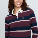 Close-up of LeMieux striped rugby shirt showing the white collar, burgundy and navy stripes and embroidered LM chest logo.