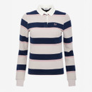 LeMieux women’s long-sleeve rugby shirt featuring cream, navy and pink horizontal stripes, white collar and embroidered LM chest logo.