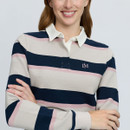Close-up of a LeMieux women’s striped rugby shirt showing the cream, navy and pink design, white collar and embroidered LM chest logo.