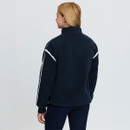 Rear studio view of the navy LeMieux sherpa fleece showing the high collar, relaxed fit and white contrast piping across the shoulders and sleeves.