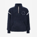Front product view of the navy LeMieux sherpa fleece featuring a high collar, quarter zip, white contrast piping, chest logo and pouch pocket.