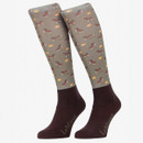 Pair of LeMieux Footsie knee-high riding socks with olive green horse and hay bale print, brown feet and LeMieux branding.