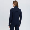 Rear view of a navy LeMieux women’s fitted fleece, showing shaped seam detailing and embroidered branding on the high collar.
