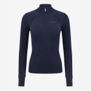 Front product view of a navy LeMieux women’s quarter-zip fleece with high collar, long sleeves, thumbholes and subtle chest logo.
