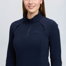 Close-up front view of the navy LeMieux women’s quarter-zip fleece, featuring a high collar, tonal chest logo and shaped seams.