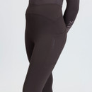 Side close-up of dark brown LeMieux riding leggings showing a practical thigh phone pocket and subtle LeMieux branding.