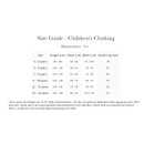 Children’s clothing size guide with height, chest, waist and inside-leg measurements in centimetres for ages 3–14 years.