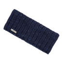 Navy LeMieux knitted headband with ribbed texture, subtle sequins and branded metal badge on a white background.