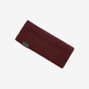 Plum LeMieux ribbed knitted headband with black branded logo tab on a white background.