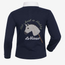 Back product view of a navy LeMieux children’s polo top featuring an embroidered horse head, “Not Just a Hobby” slogan and LeMieux logo.