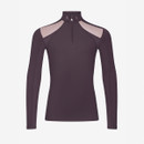 Dark brown LeMieux girls’ long-sleeve equestrian base layer with quarter zip, high branded collar and pale pink shoulder panels.