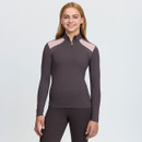 LeMieux girls’ long-sleeve quarter-zip riding top in dark brown with pale pink shoulder panels and branded high collar, shown from the front.