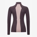 Back view of the dark brown LeMieux girls’ riding top showing the pale pink centre panel, shaped contrast sections and branded sleeve.