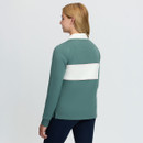 Back studio view of the green LeMieux long-sleeve riding top showing the white collar, contrasting white back panel and pale pink piping.