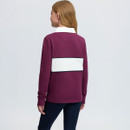 Back studio view of the berry LeMieux riding top showing the white collar, contrasting white back panel and navy piping.