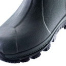 Close-up of the toe area of a green rubber boot with a textured surface and a treaded sole.