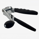 Chrome can opener with black rubber grip handles and a round turn knob.