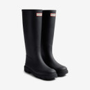 A pair of tall black rubber rain boots with red and white "HUNTER" logos on the front.