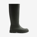 A dark olive green tall rubber boot with a textured top edge and rugged sole.