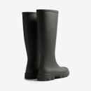 A pair of dark olive tall rubber boots with textured soles, shown from the back.