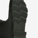 The sole of a dark olive Hunter Boot, featuring a textured tread pattern.