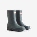 Gray rubber short boots with a red and white logo from Hunter Boot Company.