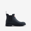 Navy Chelsea rain boot with elastic side panel and pull tab, featuring a textured sole.