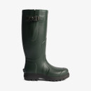 Green waterproof rubber boot with a black sole and adjustable strap, side view.