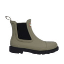 Gray Chelsea-style rubber boot with black elastic side panels and a black sole from Hunter Boot Company.
