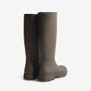 A pair of chocolate brown knee-high rain boots with a matte finish and flexible fabric upper.