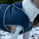Close-up of a navy Stormguard dog coat showing the fleece-lined collar, reflective edging and front leg opening.