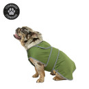 Brindle bulldog modelling an olive green Stormguard dog coat with grey reflective trim against a white background.