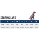 Stormguard dog coat size guide showing XS to XXL, with lengths from 25–70 cm and chest sizes from 23–96 cm.