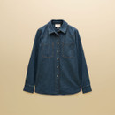 A blue denim shirt with long sleeves, snap buttons, and two chest pockets.