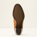 Sole of a brown suede shoe labeled "Ariat," featuring a smooth rubber bottom and a slight heel.