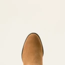 Top view of a tan suede boot with a rounded toe and rubber sole.